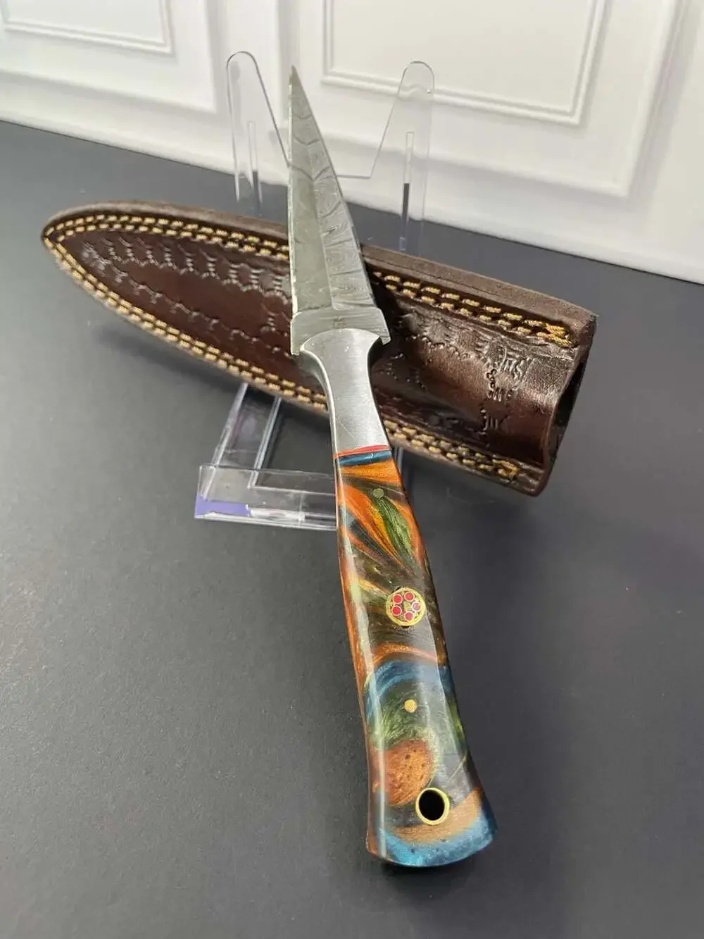 Purse & Boot accessory . Custom Hand Forged Damascus Steel Boot knife.